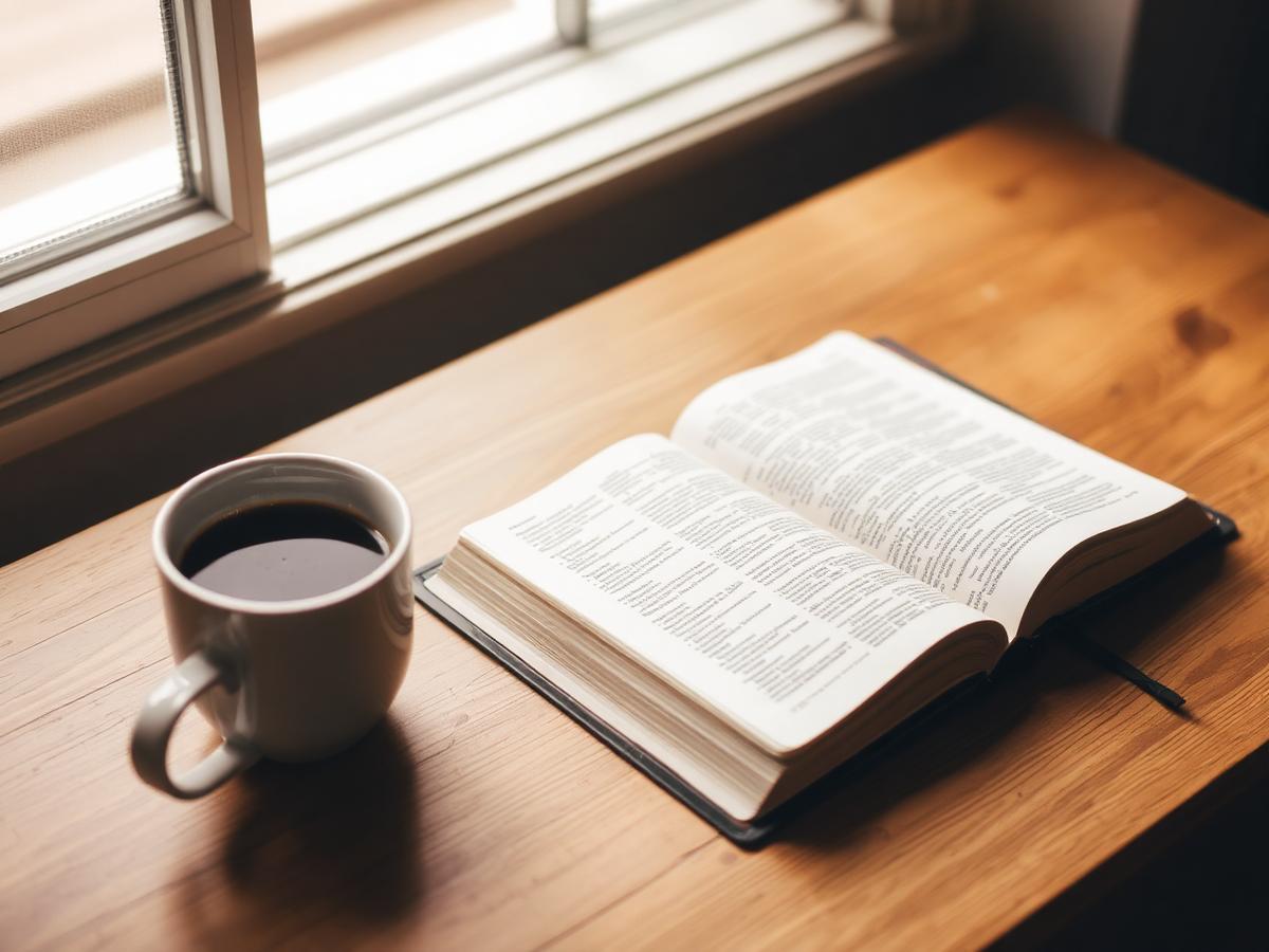 Open Bible beside a cup of coffee on a wooden table